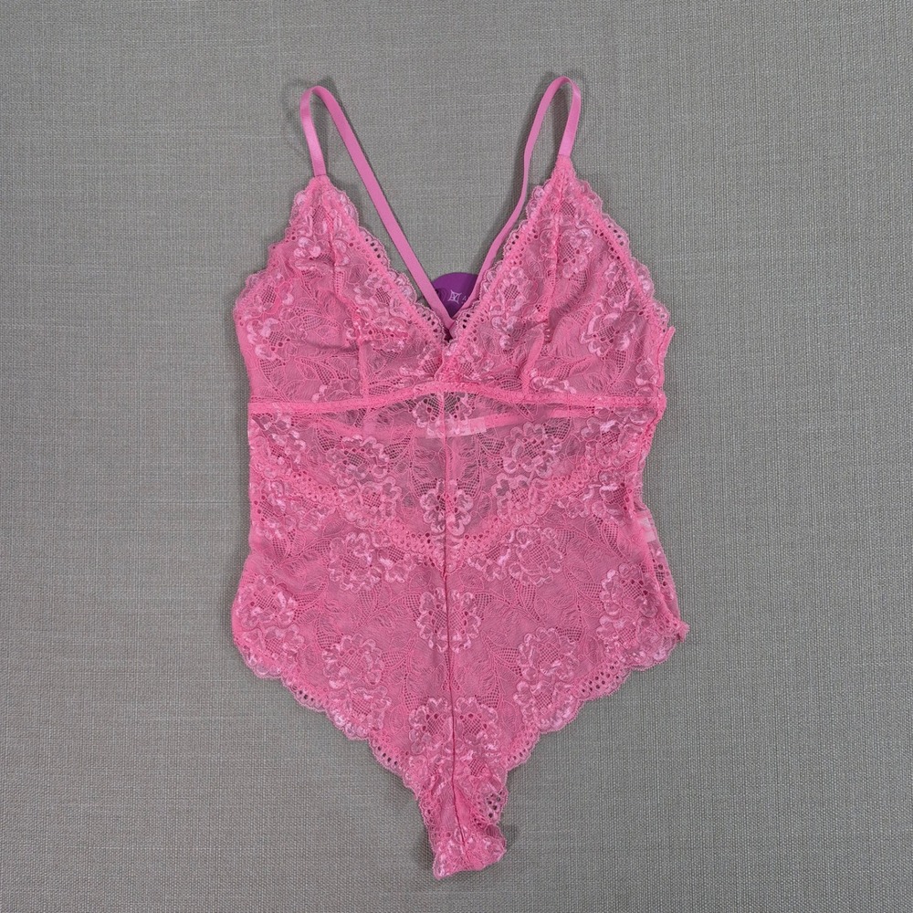 Avidlove Women Pink Floral Lace Sheer V-Neck Bodysuit Lingerie NWT Size M‎